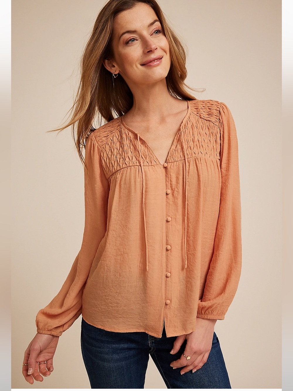 🆕 NWT Maurices Button-Front Smocked Yoke Blouse
